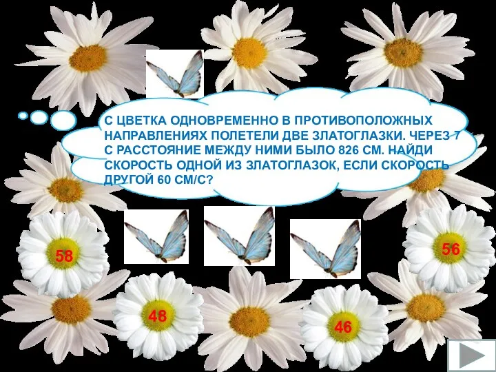 С ЦВЕТКА ОДНОВРЕМЕННО В ПРОТИВОПОЛОЖНЫХ НАПРАВЛЕНИЯХ ПОЛЕТЕЛИ ДВЕ ЗЛАТОГЛАЗКИ. ЧЕРЕЗ