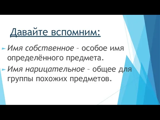 Давайте вспомним: Имя собственное – особое имя определённого предмета. Имя