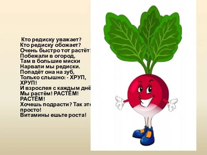 Кто редиску уважает? Кто редиску обожает? Очень быстро тот растёт!