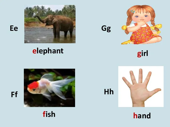 Ee Ff Gg Hh elephant fish girl hand