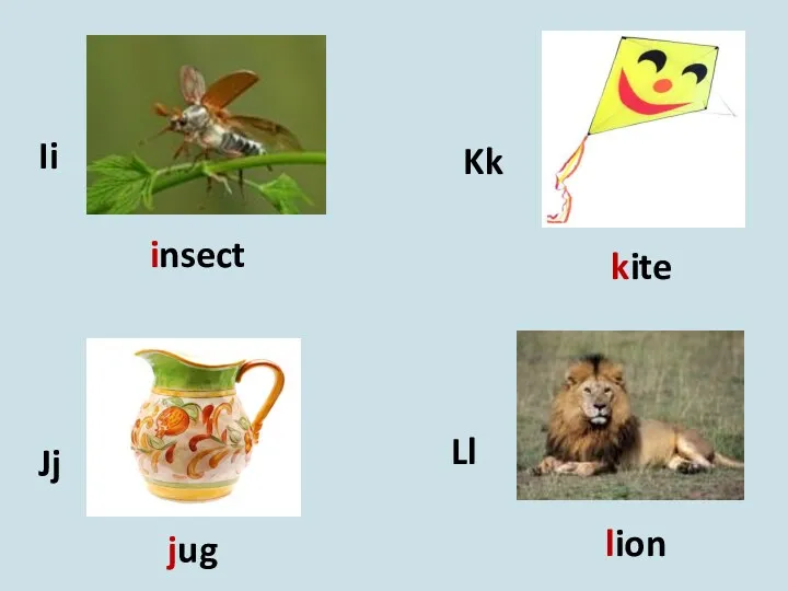 Ii Jj Kk Ll insect jug kite lion