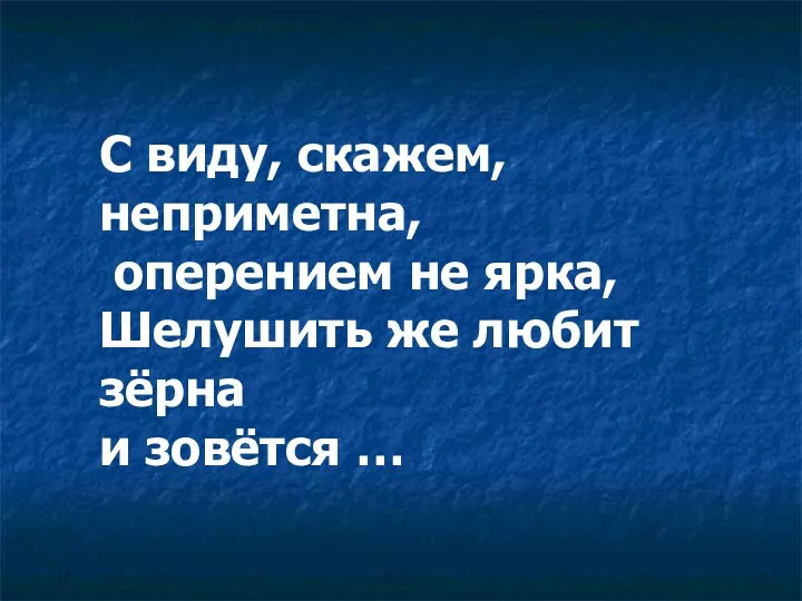 С виду, скажем, неприметна, оперением не ярка, Шелушить же любит зёрна и зовётся …