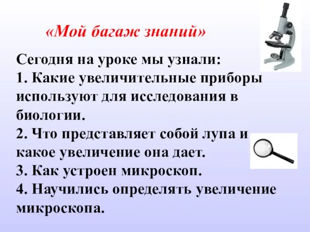 «Мой багаж знаний» Сегодня на уроке мы узнали: 1. Какие