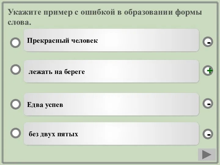 Укажите пример с ошибкой в образовании формы слова. лежать на береге Едва успев