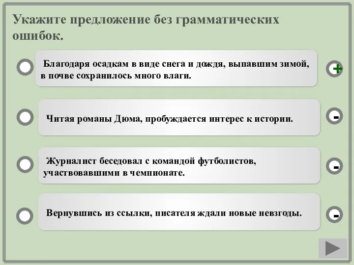 Укажите предложение без грамматических ошибок. Благодаря осадкам в виде снега