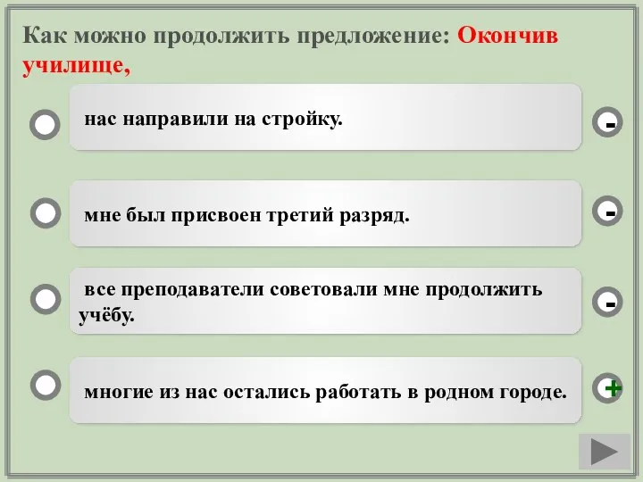 Как можно продолжить предложение: Окончив училище, многие из нас остались работать в родном