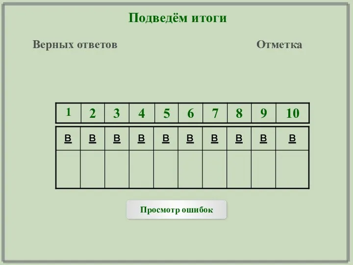 Подведём итоги Верных ответов Отметка Просмотр ошибок в в в в в в