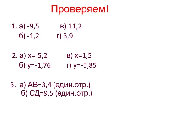 Проверяем! 1. а) -9,5 в) 11,2 б) -1,2 г) 3,9