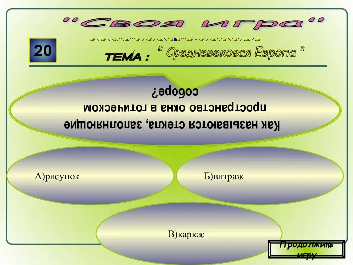 В)каркас Б)витраж " Средневековая Европа " А)рисунок "Своя игра" ТЕМА