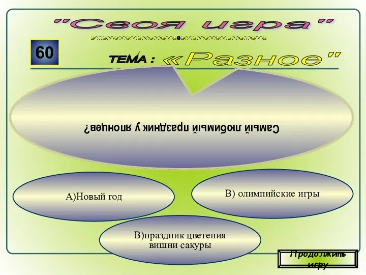 В)праздник цветения вишни сакуры В) олимпийские игры А)Новый год "Своя