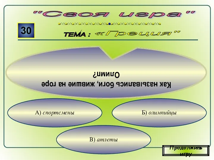 Б) олимпийцы А) спортсмены "Своя игра" ТЕМА : 30 Как