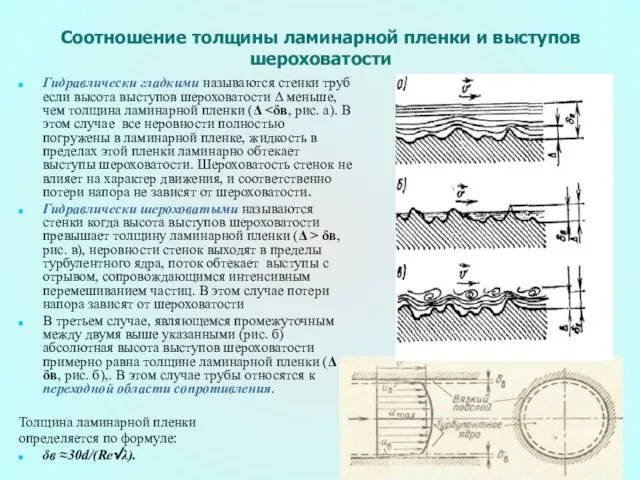 Соотношение толщины ламинарной пленки и выступов шероховатости Гидравлически гладкими называются