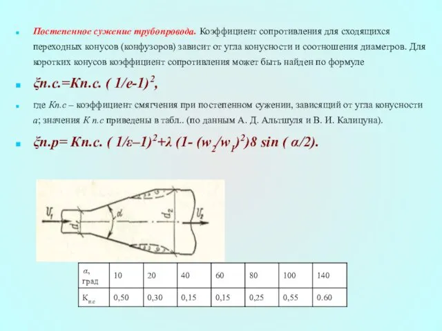 Постепенное сужение трубопровода. Коэффициент сопротивления для сходящихся переходных конусов (конфузоров)