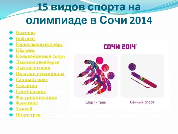 15 видов спорта на олимпиаде в Сочи 2014 Биатлон Бобслей Горнолыжный спорт Кёрлинг
