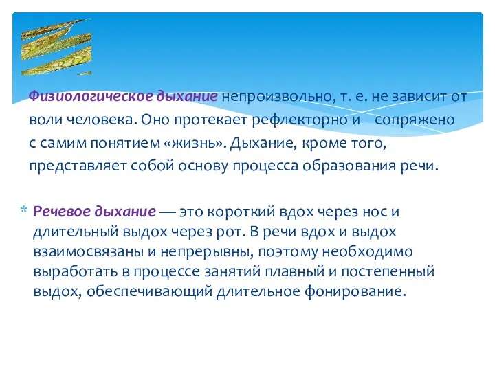 Физиологическое дыхание непроизвольно, т. е. не зависит от воли человека.