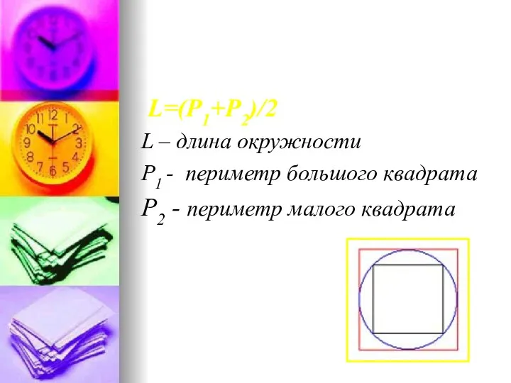 L=(Р1+Р2)/2 L – длина окружности Р1 - периметр большого квадрата Р2 - периметр малого квадрата
