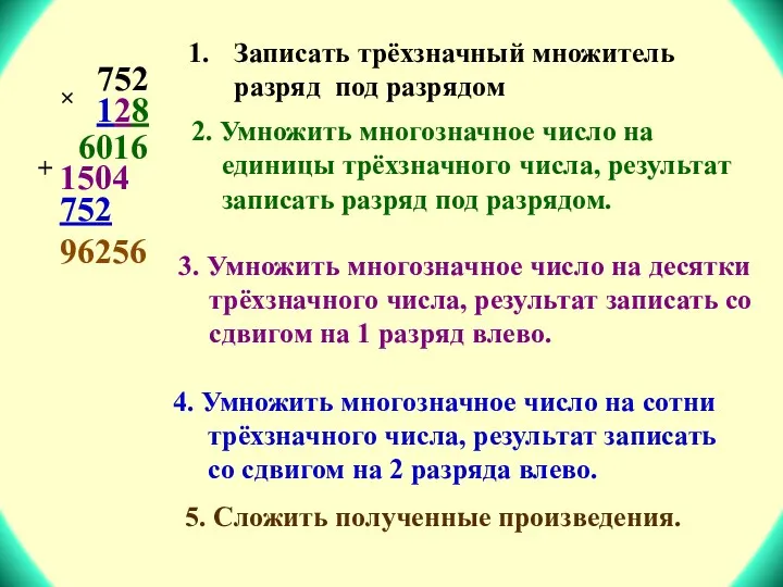 752  128 6016 1504 752 96256 Записать трёхзначный множитель