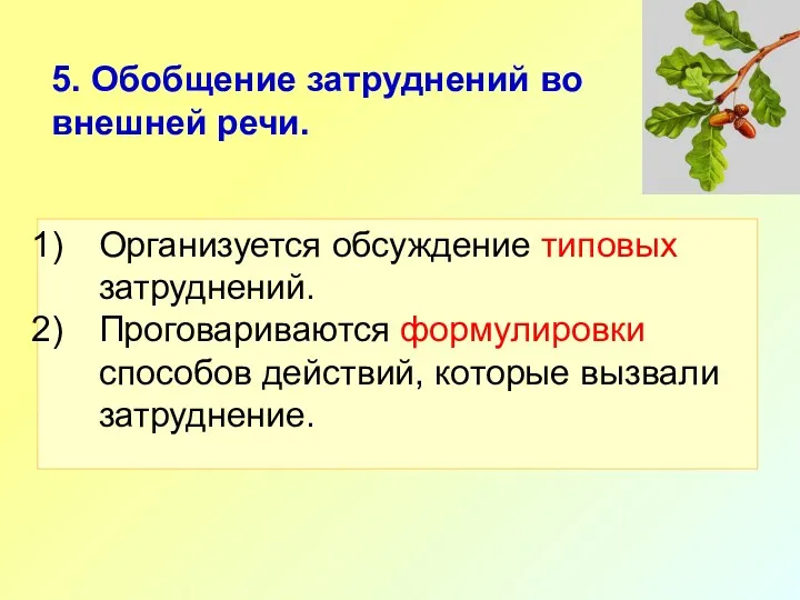 5. Обобщение затруднений во внешней речи. Организуется обсуждение типовых затруднений.