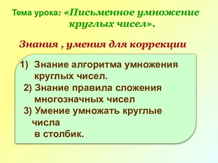 Знания , умения для коррекции Тема урока: «Письменное умножение круглых