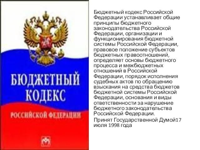 Бюджетный кодекс Российской Федерации устанавливает общие принципы бюджетного законодательства Российской Федерации, организации и