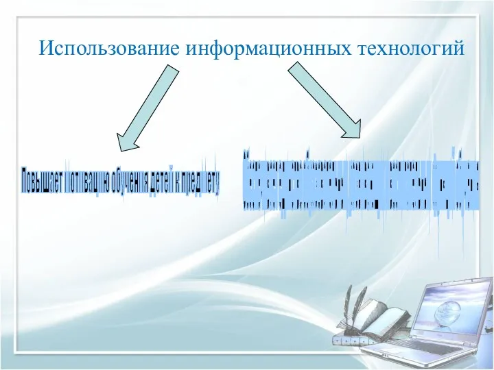 Использование информационных технологий Повышает мотивацию обучения детей к предмету Обеспечивает