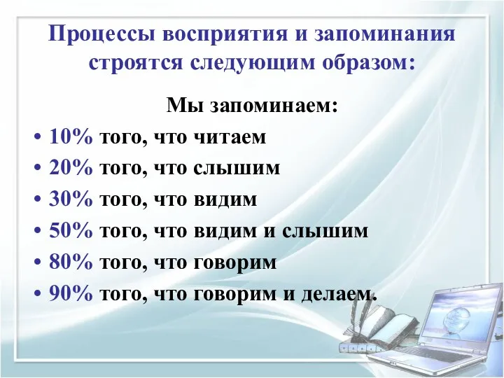 Процессы восприятия и запоминания строятся следующим образом: Мы запоминаем: 10%