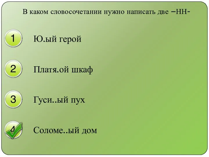 В каком словосочетании нужно написать две –НН- Ю.ый герой Платя.ой шкаф Гуси..ый пух Соломе..ый дом