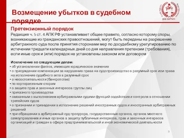 Возмещение убытков в судебном порядке Претензионный порядок Редакция ч. 5