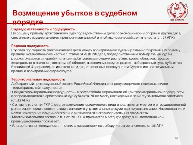 Возмещение убытков в судебном порядке Подведомственность и подсудность По общему