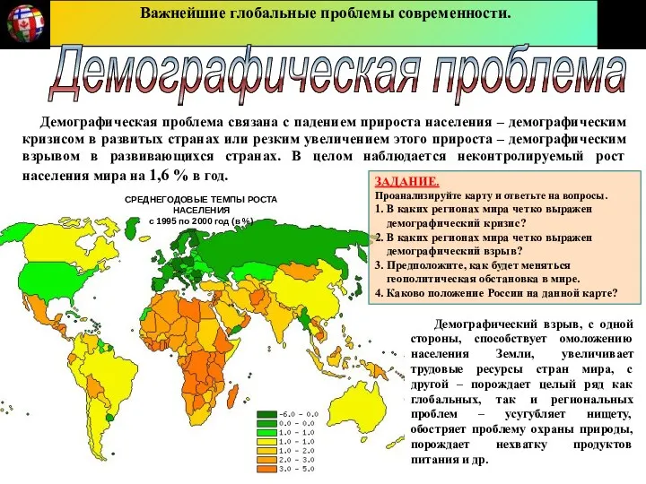 Важнейшие глобальные проблемы современности. Демографическая проблема Демографическая проблема связана с