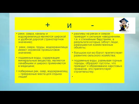 + и - реки, озера, каналы и водохранилища являются широкой и удобной дорогой