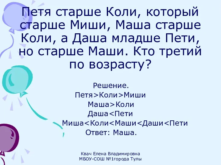 Петя старше Коли, который старше Миши, Маша старше Коли, а Даша младше Пети,