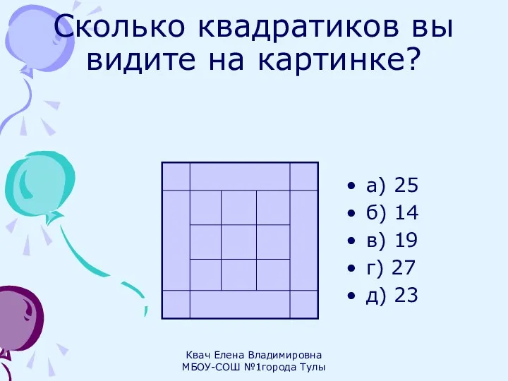 Сколько квадратиков вы видите на картинке? а) 25 б) 14 в) 19 г)