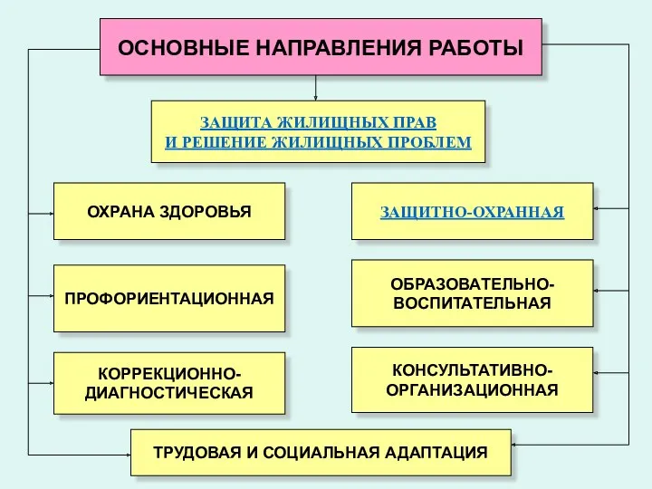 ОСНОВНЫЕ НАПРАВЛЕНИЯ РАБОТЫ ОХРАНА ЗДОРОВЬЯ ЗАЩИТА ЖИЛИЩНЫХ ПРАВ И РЕШЕНИЕ ЖИЛИЩНЫХ ПРОБЛЕМ ПРОФОРИЕНТАЦИОННАЯ