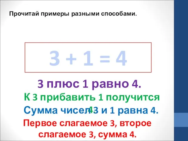 3 + 1 = 4 Прочитай примеры разными способами. 3 плюс 1 равно