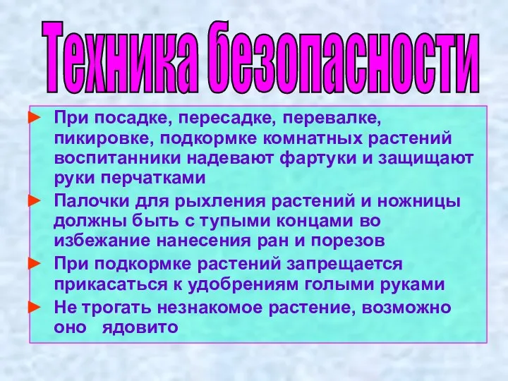 При посадке, пересадке, перевалке, пикировке, подкормке комнатных растений воспитанники надевают