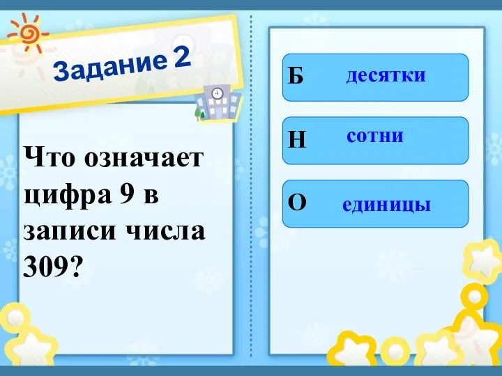 Задание 2 Что означает цифра 9 в записи числа 309? Б Н О десятки сотни единицы