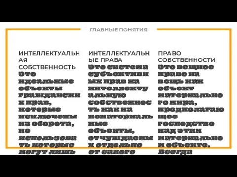 ГЛАВНЫЕ ПОНЯТИЯ ИНТЕЛЛЕКТУАЛЬНАЯ СОБСТВЕННОСТЬ Это идеальные объекты гражданских прав, которые