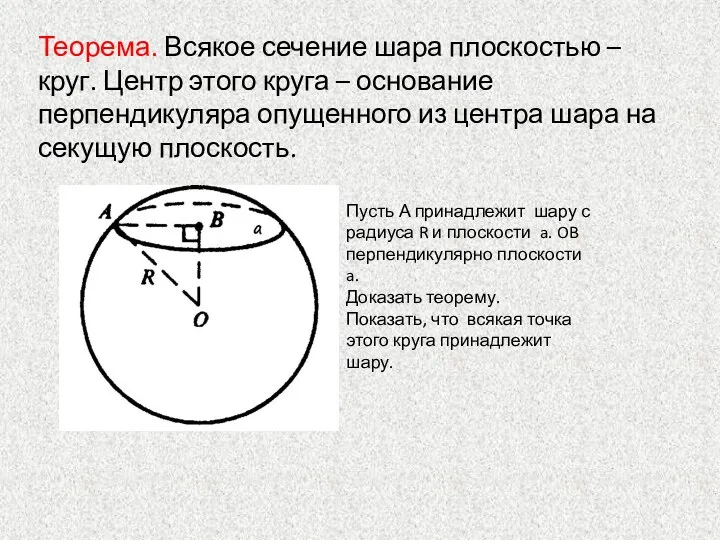 Теорема. Всякое сечение шара плоскостью – круг. Центр этого круга