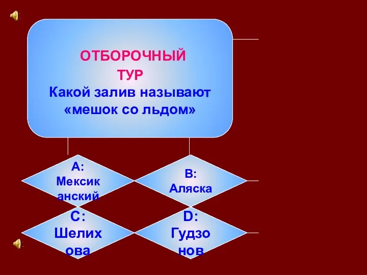 ОТБОРОЧНЫЙ ТУР Какой залив называют «мешок со льдом» А: Мексиканский B: Аляска C: Шелихова D: Гудзонов