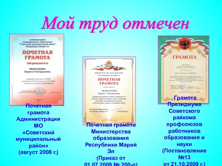 Мой труд отмечен Почетная грамота Администрации МО «Советский муниципальный район»