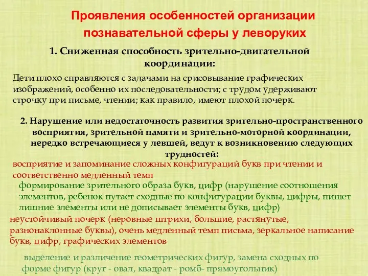 1. Сниженная способность зрительно-двигательной координации: Дети плохо справляются с задачами