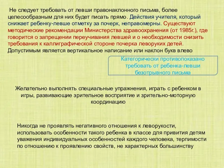 Категорически противопоказано требовать от ребенка-левши безотрывного письма Не следует требовать