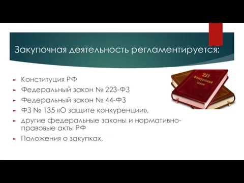 Закупочная деятельность регламентируется: Конституция РФ Федеральный закон № 223-ФЗ Федеральный