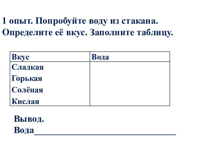 1 опыт. Попробуйте воду из стакана. Определите её вкус. Заполните таблицу. Вывод. Вода______________________________