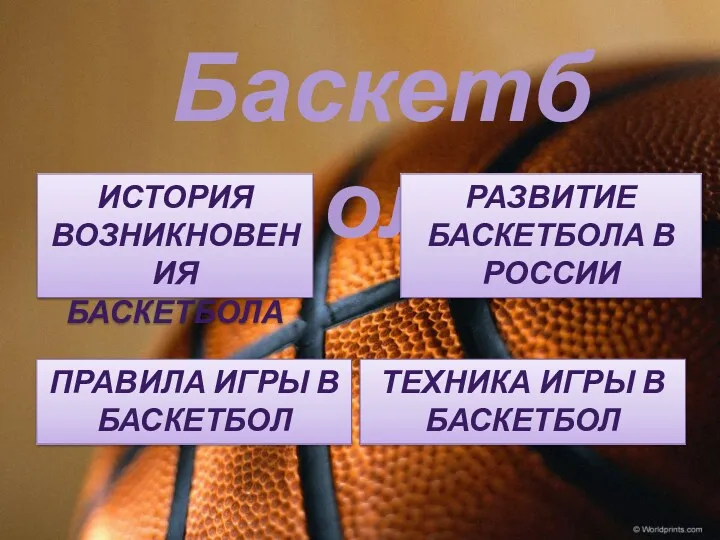 Баскетбол История возникновения баскетбола Развитие баскетбола в России Правила игры в баскетбол Техника игры в баскетбол