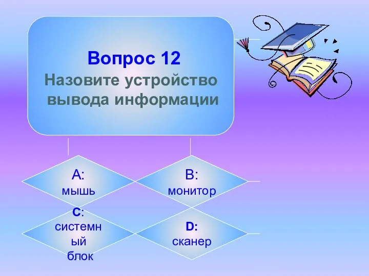 Вопрос 12 Назовите устройство вывода информации А: мышь B: монитор C: системный блок D: сканер