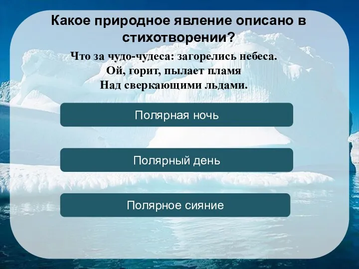 Полярное сияние Полярная ночь Полярный день Какое природное явление описано в стихотворении? Что