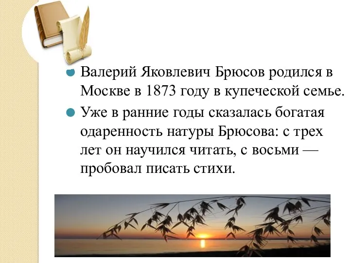 Валерий Яковлевич Брюсов родился в Москве в 1873 году в