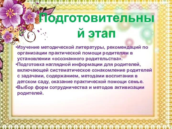 Подготовительный этап Изучение методической литературы, рекомендаций по организации практической помощи